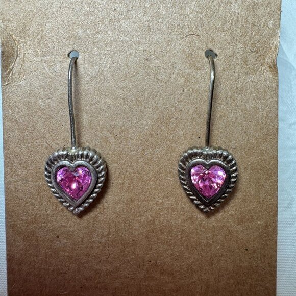 Vintage Jewelry - Heart-Shaped Pink Stone Sterling Silver Marked CA 925 Hook Dangle Drop Earrings